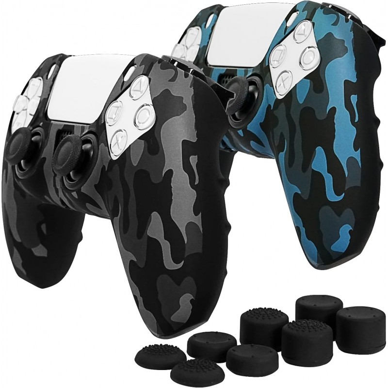 Étui de protection en silicone antidérapant Fosmon compatible avec le contrôleur Sony PS5 (2 pièces – camouflage noir/bleu) Hous