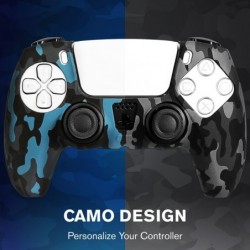 Étui de protection en silicone antidérapant Fosmon compatible avec le contrôleur Sony PS5 (2 pièces – camouflage noir/bleu) Hous