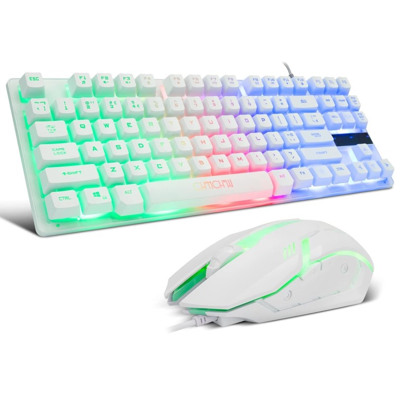 Clavier de jeu 87 touches TKL Clavier filaire, CHONCHOW Rainbow LED rétroéclairé blanc Clavier souris 3200 DPI mignon clavier co