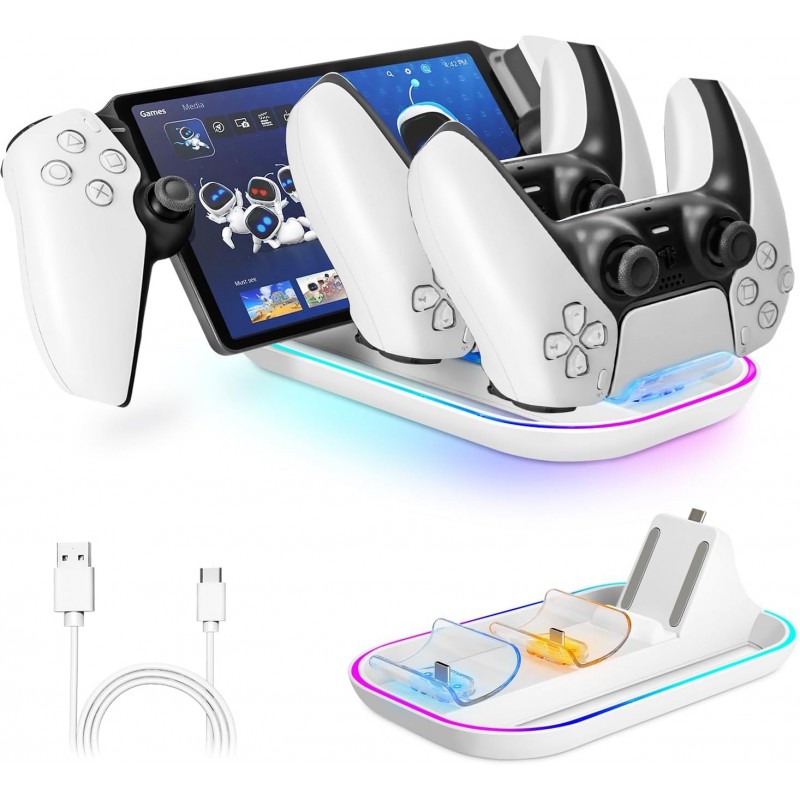 Support de charge pour PlayStation Portal, station de charge 3 en 1 pour PS Portal et contrôleur PS5 avec 14 lumières RVB et câb