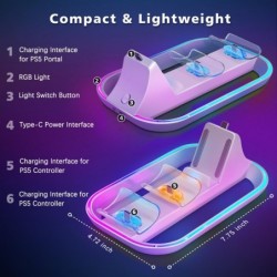 Support de charge pour PlayStation Portal, station de charge 3 en 1 pour PS Portal et contrôleur PS5 avec 14 lumières RVB et câb