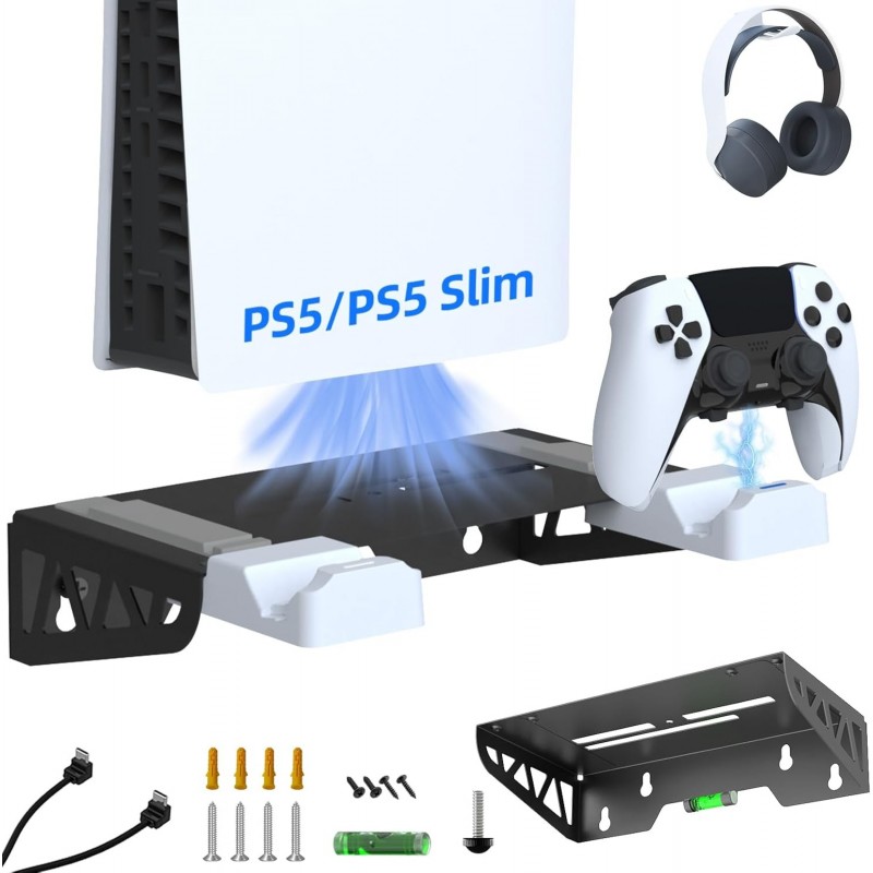 Kit de montage mural pour PS5 Slim avec station de charge rapide, support mural en acier, chargeur de contrôleur double et suppo