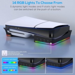 Auarte 2023 Support horizontal RGB pour accessoires de console PS5 Slim avec 14 modes d'éclairage et 4 concentrateurs USB, suppo