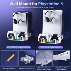 Kit de support mural PS5 avec station de charge, compatible avec PS5/PS5 Slim Disc et version numérique, chargeurs de contrôleur