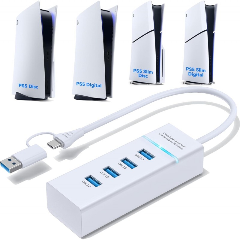 Hub USB pour PS5, répartiteur USB 3.0 à 4 ports, hub de chargement USB haute vitesse pour console PS5 Slim, extension de port US